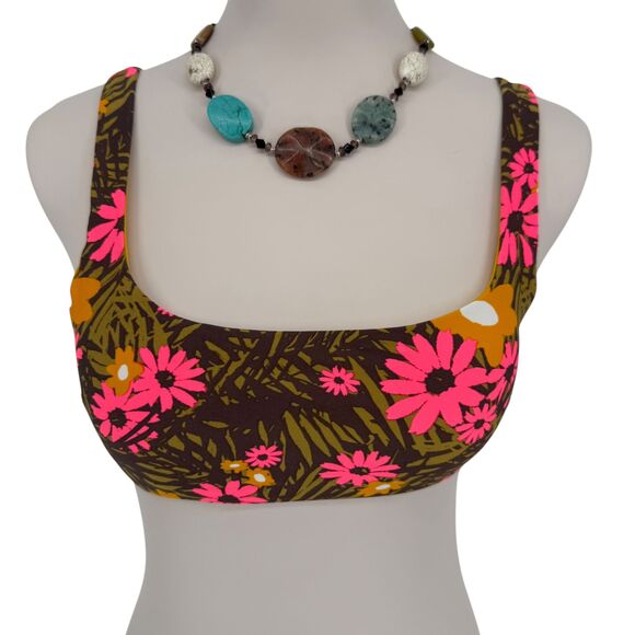 Aerie Bikini Top SMALL Scoop Retro Tropical Botanical Floral Green Pink Padded - Picture 3 of 12